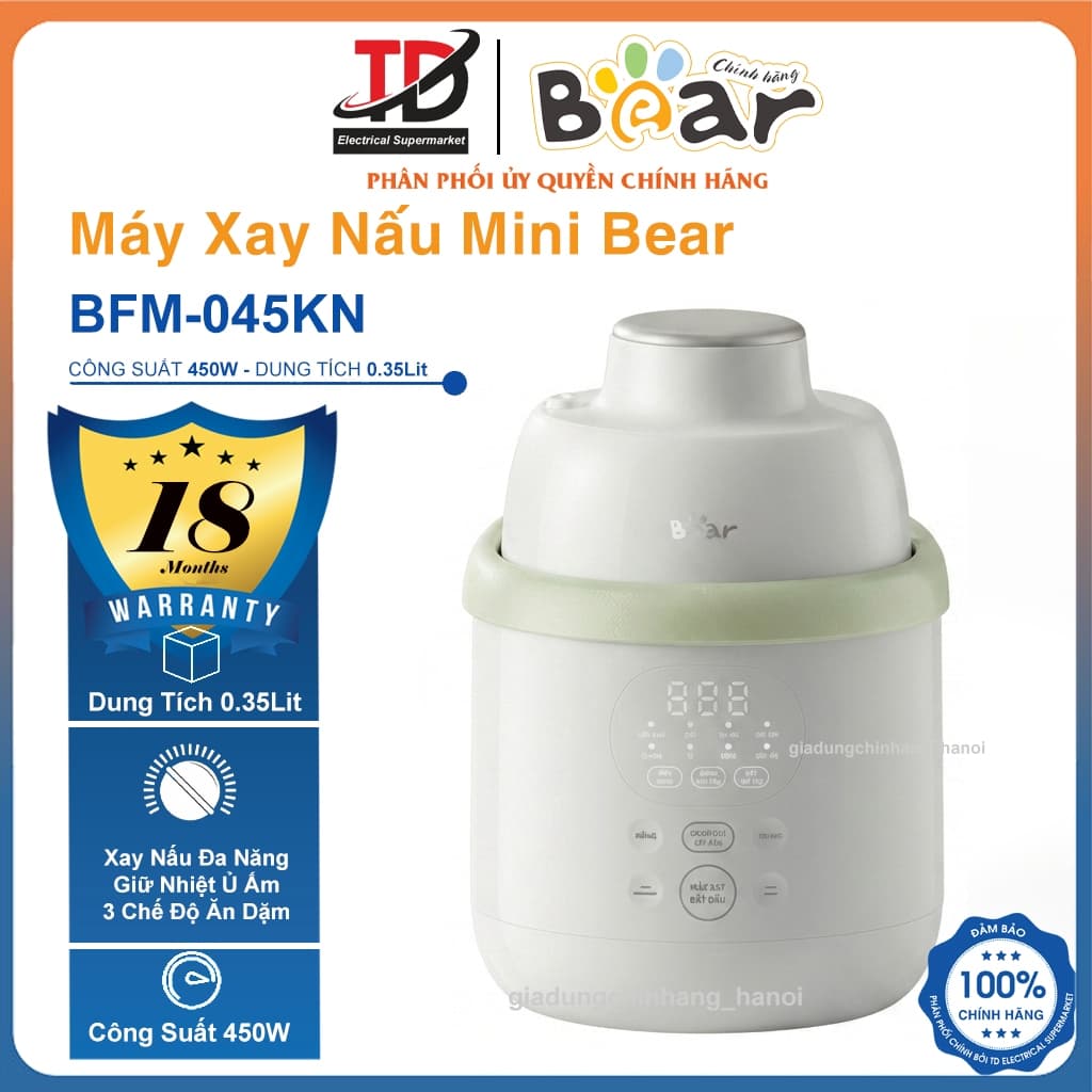 Máy Xay Ăn Dặm Bear BFM-045KN, 0.35Lit - 450w, Công nghệ hơi nước đa điểm 720° - Hẹn giờ và giữ ấm tiện lợi