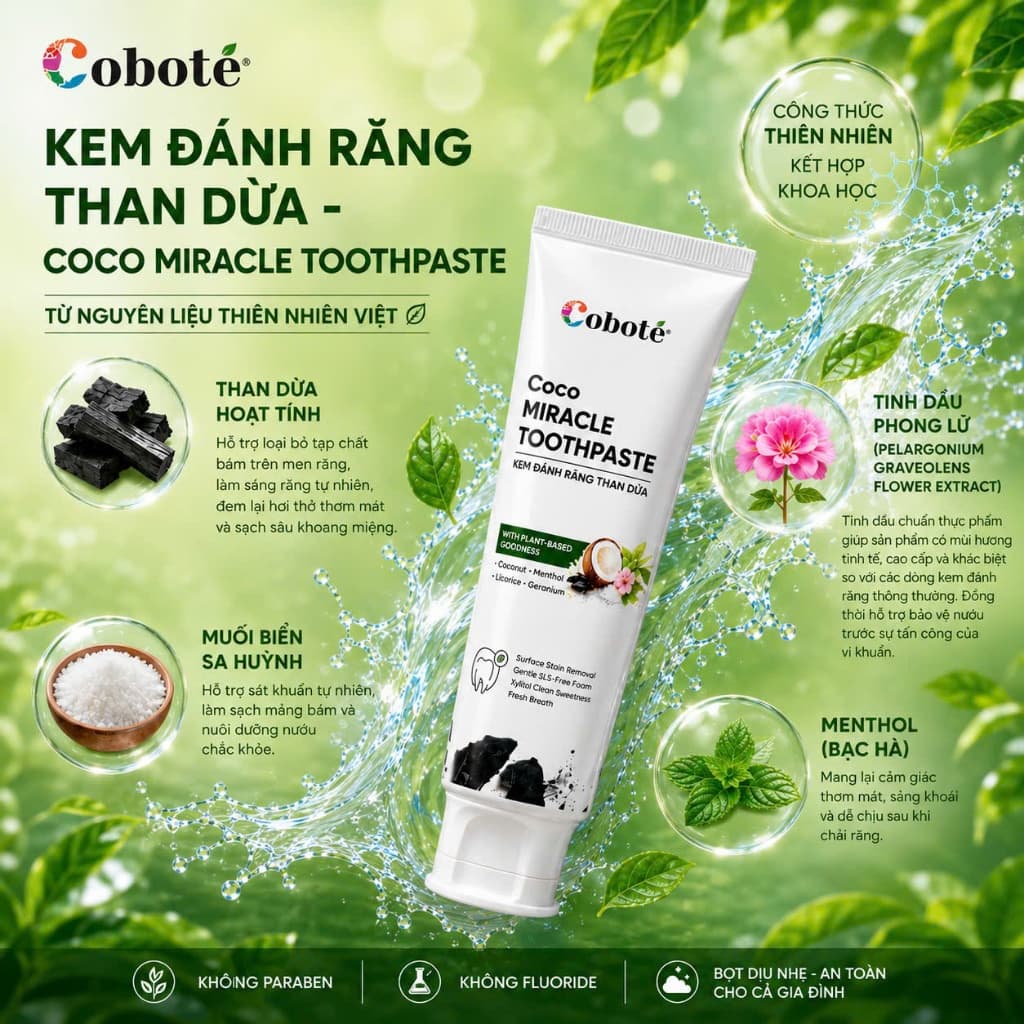 Kem Đánh Răng Than Dừa Hoạt Tính Coboté, KHÔNG FLOUR, Trắng Răng,Ngừa Hôi Miệng, Bảo Vệ Răng và Nướu tuýp 100gr