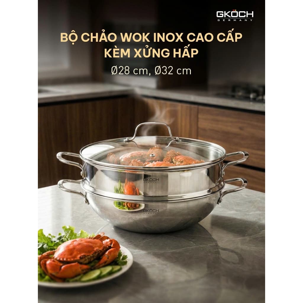 Bộ Chảo Wok Sâu Lòng Inox GKÖCH SA2010 Kèm Xửng Hấp Đáy 3 Lớp Dùng Bếp Từ Size 28cm 32cm