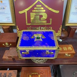 Hộp đựng tiền hầu,trang sức bằng gỗ bọc vải gấm xanh dương 1