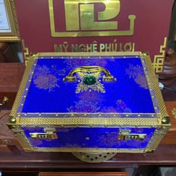 Hộp đựng tiền hầu,trang sức bằng gỗ bọc vải gấm xanh dương 2