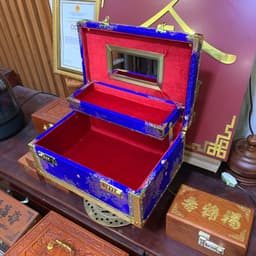 Hộp đựng tiền hầu,trang sức bằng gỗ bọc vải gấm xanh dương 5