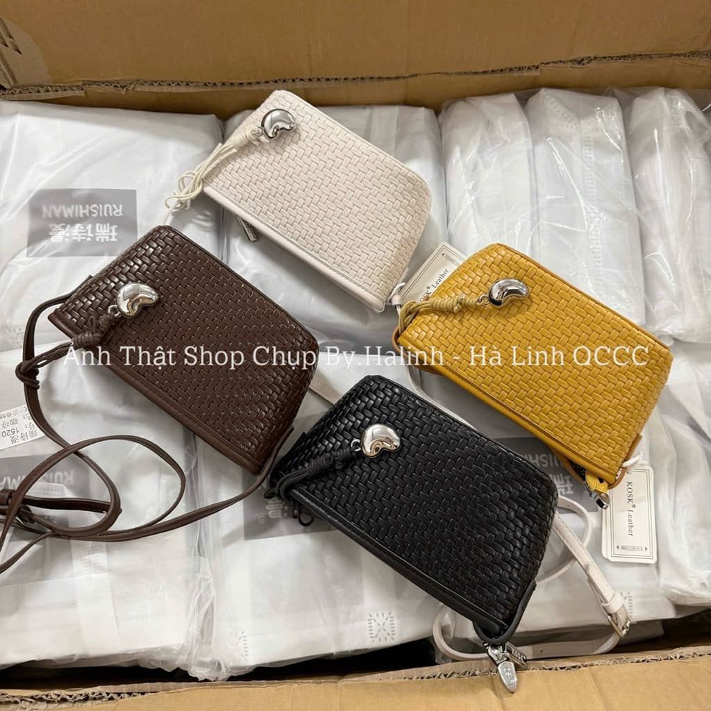 Túi Đeo Chéo Da Đan Form Chữ Nhật Basic Charm Hạt Đậu
