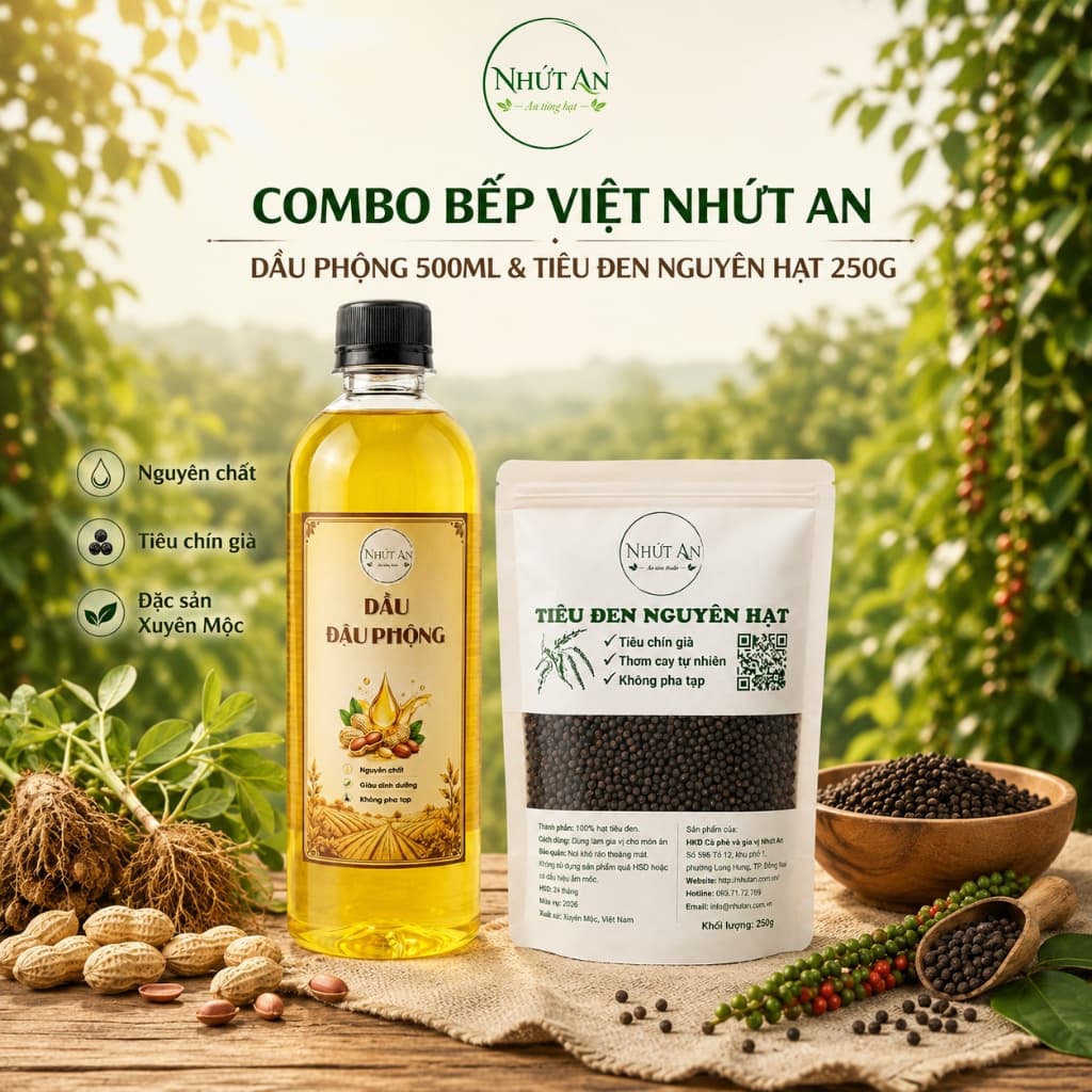 Combo Bếp Việt Nhứt An Dầu Đậu Phộng 500ml và Tiêu Đen Nguyên Hạt 250g, Gia Vị Nấu Ăn Dùng Chiên Xào Ướp Nấu - Nhứt An