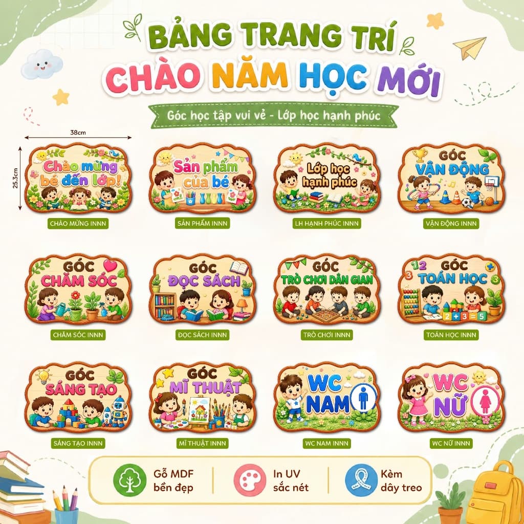 Bảng Gỗ Trang Trí Góc Lớp Học Mầm Non Chào Năm Học Mới In UV Sắc Nét Có Dây Treo