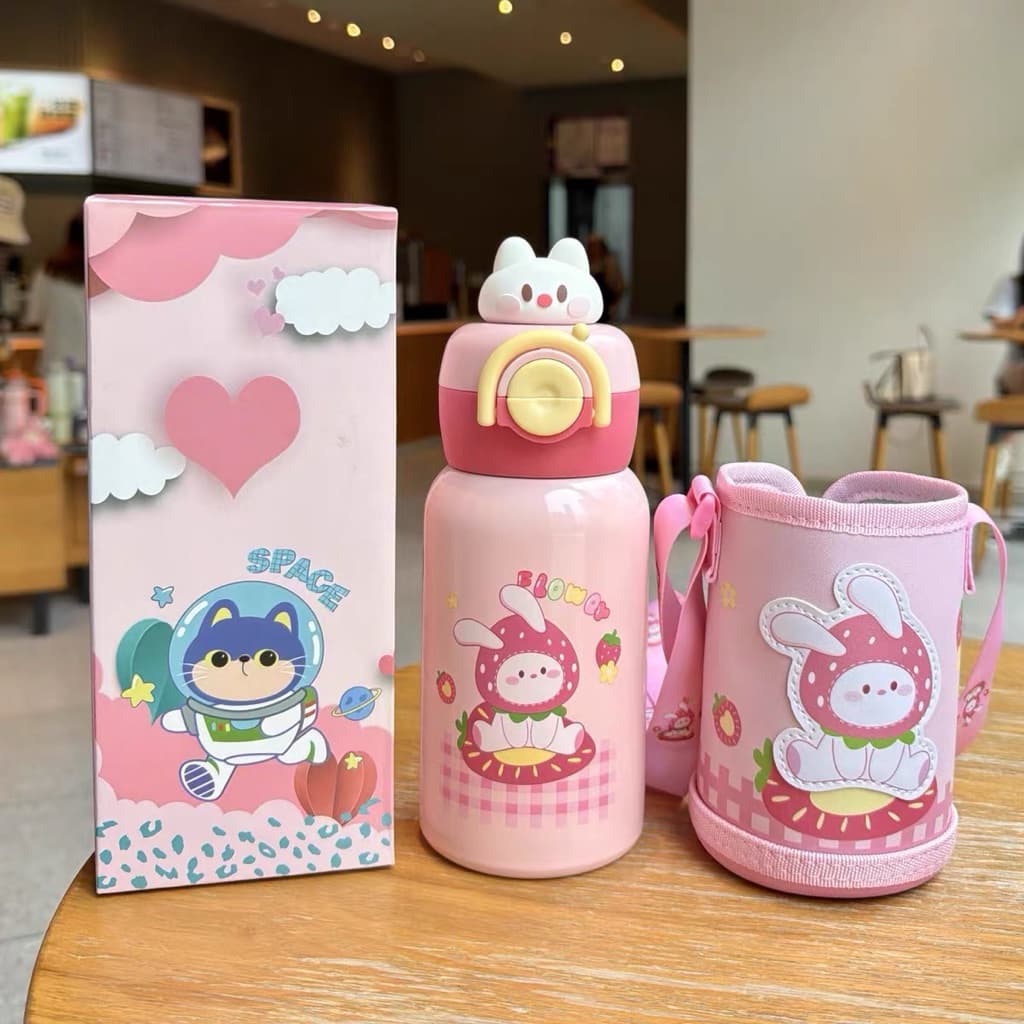 Bình giữ nhiệt đi học mẫu mới dung tích 500ml kèm túi vải đựng bình dễ thương dành cho các bạn cấp 1