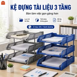Kệ đựng tài liệu văn phòng 3 tầng để bàn bằng nhựa, khay hồ sơ A4 văn phòng màu xanh dương/ghi 7