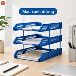 Kệ đựng tài liệu văn phòng 3 tầng để bàn bằng nhựa, khay hồ sơ A4 văn phòng màu xanh dương/ghi 4