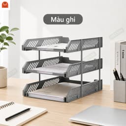 Kệ đựng tài liệu văn phòng 3 tầng để bàn bằng nhựa, khay hồ sơ A4 văn phòng màu xanh dương/ghi 5