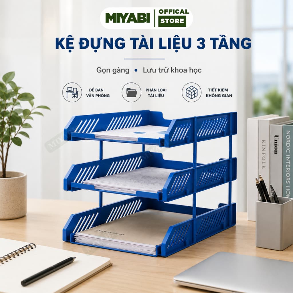 Kệ đựng tài liệu văn phòng để bàn 3 tầng - màu Xanh Biển - kệ đựng tài liệu để bàn - nhựa pp