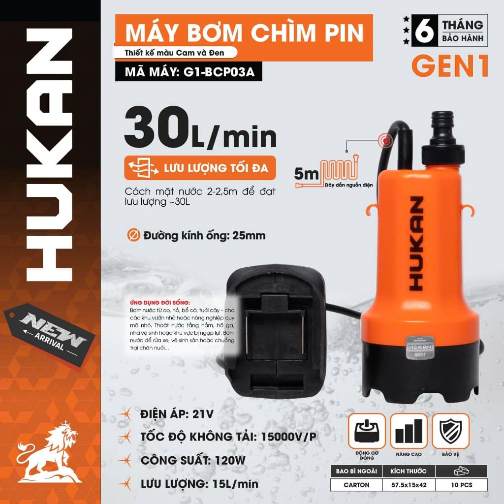 Máy Bơm Chìm Dùng Pin HUKAN G1-BCP03A, Lưu Lượng 30L/P, Dây Nguồn Dài 5M - Chân Phổ Thông