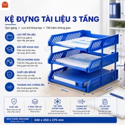 Kệ đựng tài liệu văn phòng 3 tầng để bàn bằng nhựa, khay hồ sơ A4 văn phòng màu xanh dương/ghi 2