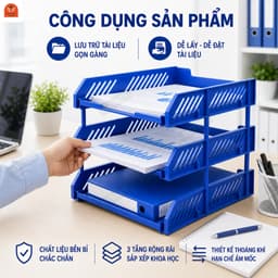 Kệ đựng tài liệu văn phòng 3 tầng để bàn bằng nhựa, khay hồ sơ A4 văn phòng màu xanh dương/ghi 3