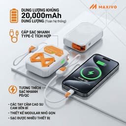 Sạc Dự Phòng 20.000 mAh, Sạc Nhanh 22.5W, Có Dây Gắn Trong, Sạc Không Dây, Hỗ Trợ Máy Bay 9