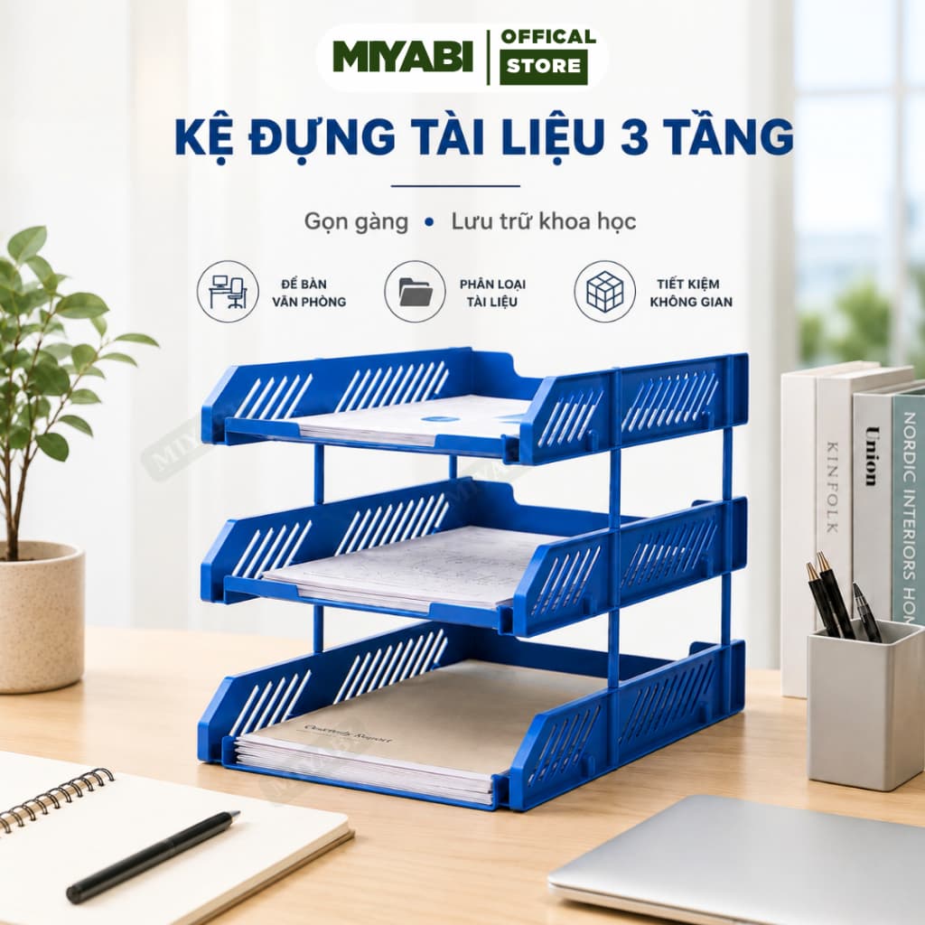 Kệ đựng tài liệu văn phòng 3 tầng để bàn bằng nhựa, khay hồ sơ A4 văn phòng màu xanh dương/ghi