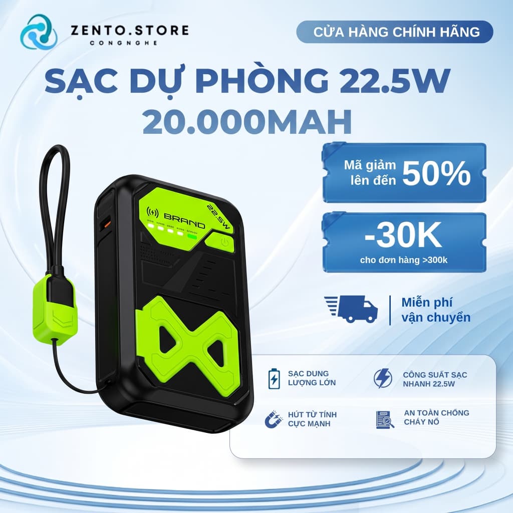 Sạc Dự Phòng 20.000 mAh, Sạc Nhanh 22.5W, Có Dây Gắn Trong, Sạc Không Dây, Hỗ Trợ Máy Bay