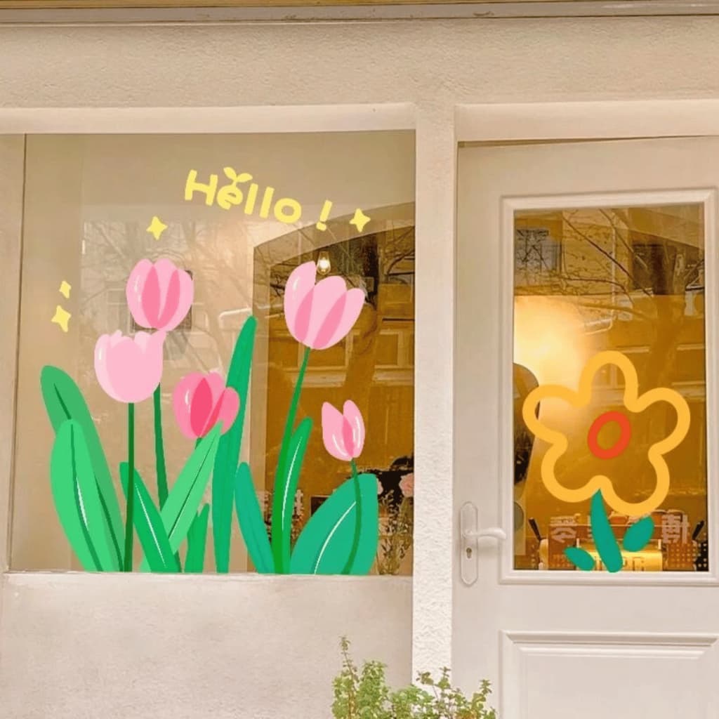 Decal Dán Kính Trang Trí Cửa Sổ Hình Hoa Tulip, Hoa Cúc Nhiều Màu – Sticker Decor Quán Cafe, Cửa Hàng, Phòng Ngủ DC09