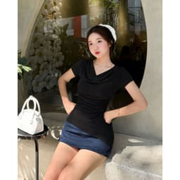 Áo Thun Tay Ngắn Nữ Vai Đổ Nhún Eo Vạt Xéo Ôm Dáng Bigsize Thun Tăm Co Giãn Mềm Mịn LIMO MS592 4