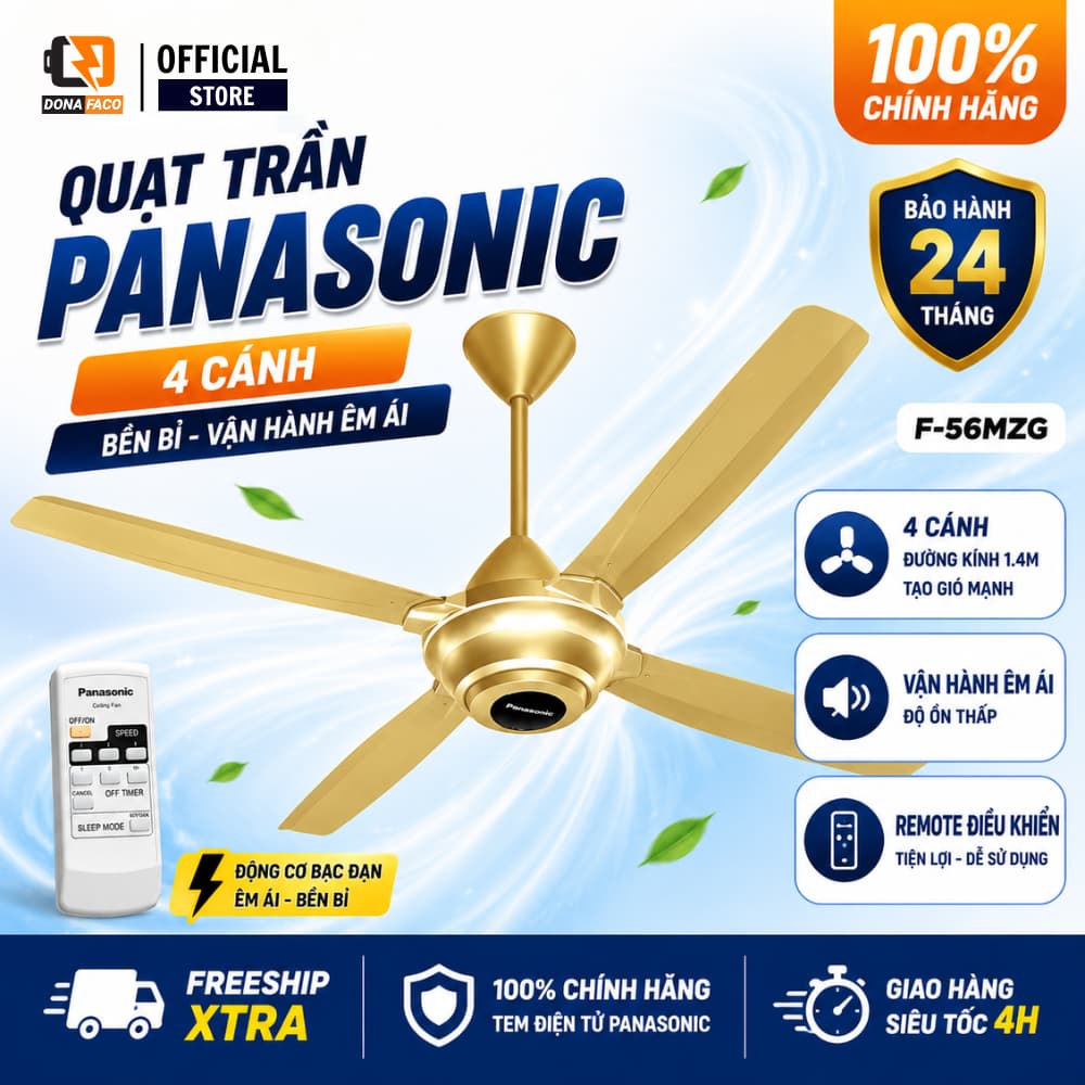 Quạt Trần Panasonic 4 Cánh F-56MZG Điều Khiển Từ Xa, Hẹn Giờ, Tiết Kiệm Điện Chính Hãng