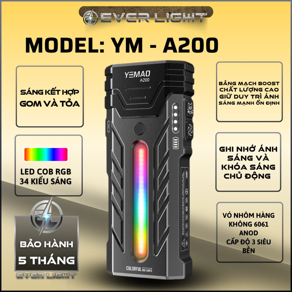 Đèn pin cầm tay EDC YM A200 sáng siêu mạnh 5200 lumen CAO CẤP vỏ nhôm hàng không sáng 2 kiểu kết hợp sạc nhanh TYPE-C