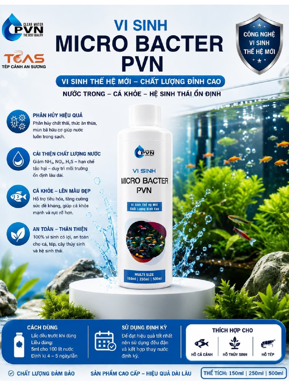 Vi Sinh PVN Micro Bacter - Men Vi Sinh Sống Làm Trong Nước, Xử Lý Độc Tố, Khởi Tạo Vi Sinh Cho Hồ Cá Cảnh, Hồ Thủy Sinh
