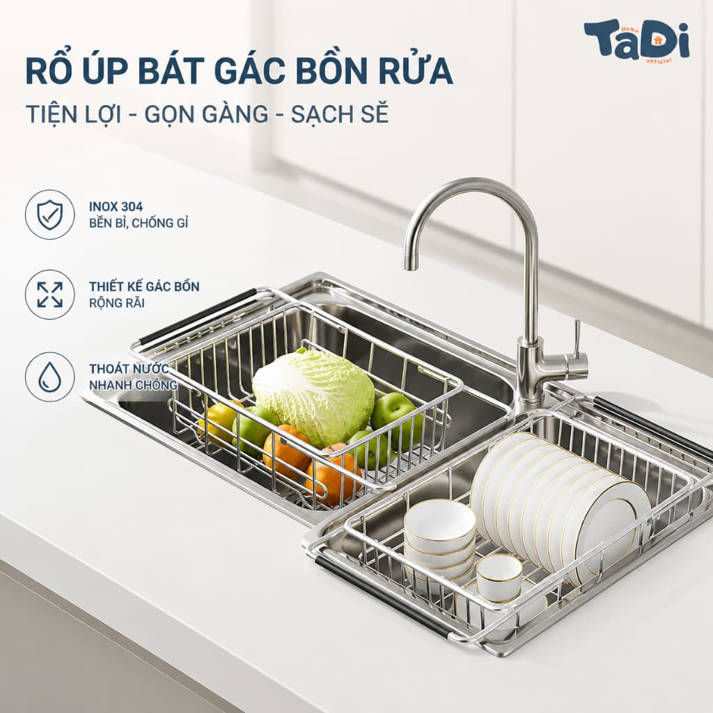 Rổ Gác Bồn Rửa Bát TADI Chất Liệu Inox 304, Rổ Rửa Rau, Giá Úp Bát Gác Bồn Rửa Kéo Dài Thu Gọn Tiện Lợi