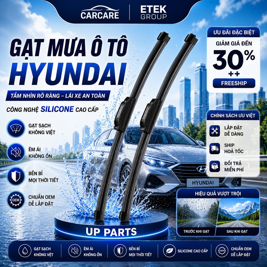 Bộ Gạt Mưa Ô TÔ xe HYUNDAI i10, Accent, Santafe, Tucson - Gạt mưa Silicon phủ nano chống nước UP PARTS