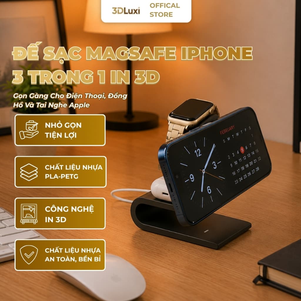 Đế Sạc 3 Trong 1 3DLUXI, Đế Sạc Điện Thoại, Đồng Hồ Thông Minh, Tai Nghe Gọn Gàng, In Từ Nhựa PLA/PETG An Toàn