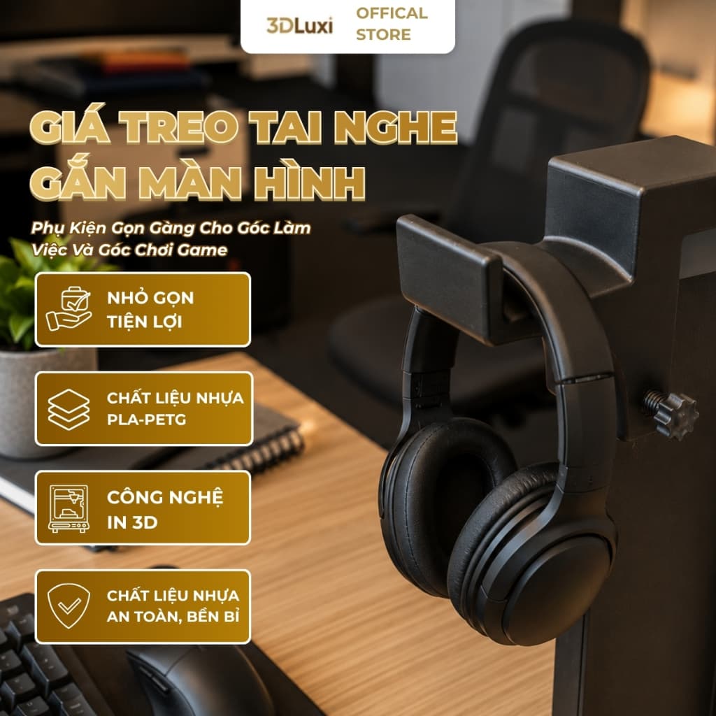 Giá Treo Tai Nghe Gắn Màn Hình 3D LUXI Màu Đen, Móc Treo Tai Nghe Gaming Gọn Gàng Cho Bàn Làm Việc