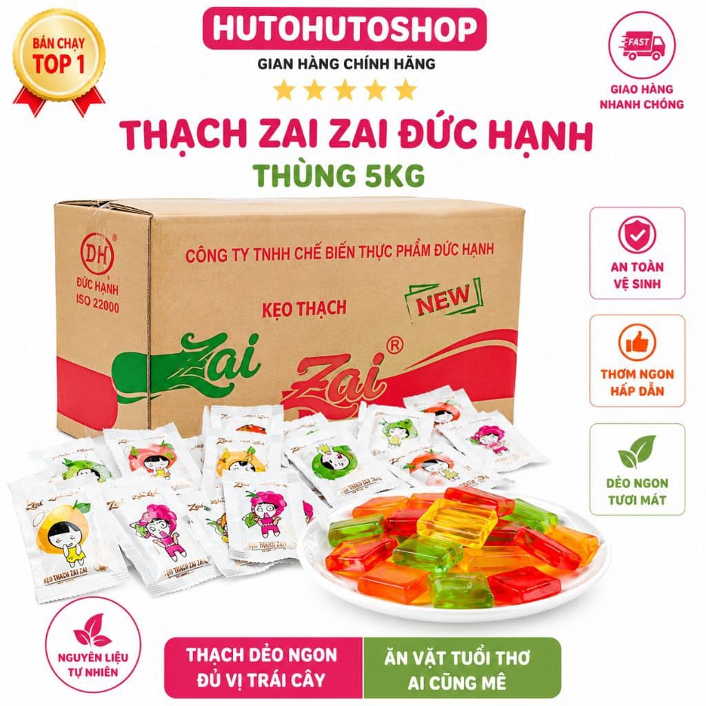 Thùng Thạch Vuông Zai Zai Đức Hạnh 5KG Chính Hãng – Đủ Vị Trái Cây, Dẻo Ngon Mát Lạnh, Thùng Sỉ Tiết Kiệm | Hutohutoshop