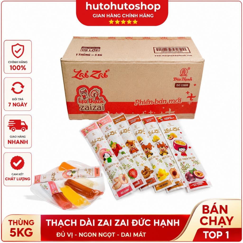 Thùng Thạch Dài Zai Zai Đức Hạnh 5KG Chính Hãng – Đủ Vị Trái Cây, Dẻo Ngon Mát Lạnh, Thùng Sỉ Tiết Kiệm | Hutohutoshop
