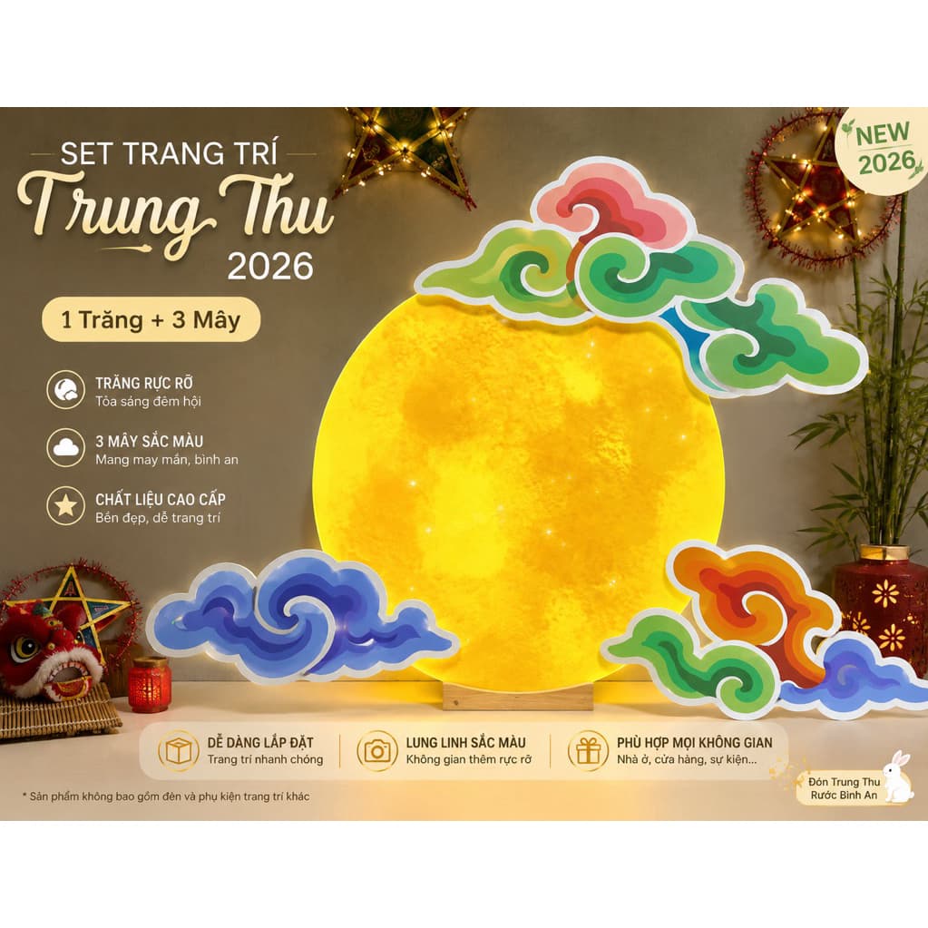 Set Trăng + 3 Mây Trang Trí Trung Thu 2026 Decor Backdrop Chụp Ảnh, Trang Trí Lớp Học, Cửa Hàng