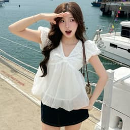 (HAVANA) Áo babydoll DOLLIE màu trắng top tay bồng cổ tim dáng bí ngô 1