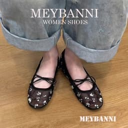 [Chân Gầy-Lùi 1 size ]Giày Búp Bê MEYBANNI Mũi Vuông Lưới Đính Đá Gắn Nơ  Thắt Chéo Siêu Xinh-C750 5