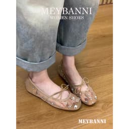 [Chân Gầy-Lùi 1 size ]Giày Búp Bê MEYBANNI Mũi Vuông Lưới Đính Đá Gắn Nơ  Thắt Chéo Siêu Xinh-C750 4