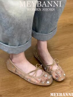 [Chân Gầy-Lùi 1 size ]Giày Búp Bê MEYBANNI Mũi Vuông Lưới Đính Đá Gắn Nơ  Thắt Chéo Siêu Xinh-C750 13