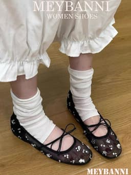 [Chân Gầy-Lùi 1 size ]Giày Búp Bê MEYBANNI Mũi Vuông Lưới Đính Đá Gắn Nơ  Thắt Chéo Siêu Xinh-C750 14