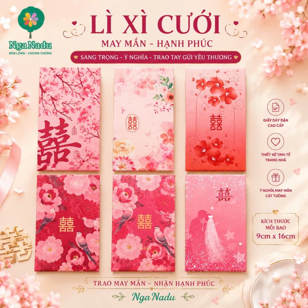 Sét 10 cái / 6 cái Lì Xì Đám Cưới,Bao Lì Xì Đỏ cao cấp may mắn,Song Hỷ,Nạp Tài,bê tráp,Hồng bao Vu Quy Cát Tường