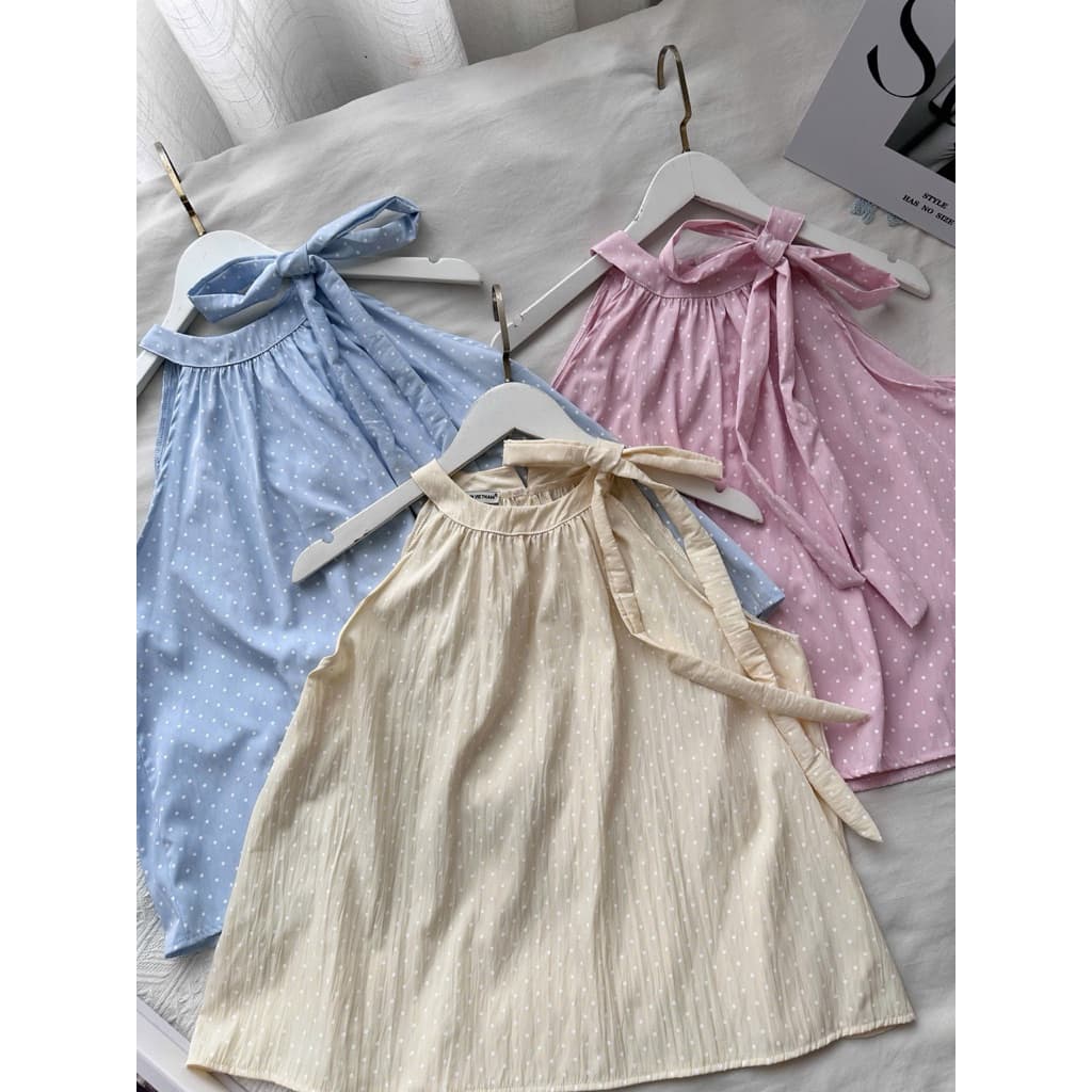 ÁO CỔ YẾM THẮT NƠ CHẤM BI DÁNG BABYDOLL SIÊU XINH cho nữ m6062
