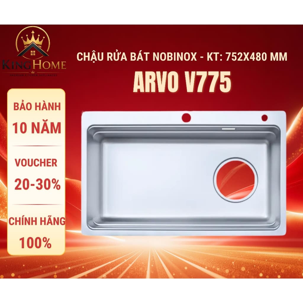 CHẬU RỬA BÁT 1 HỐ NOBINOX ARVO V775 | KT 75 X 48CM | HÀNG CHÍNH HÃNG