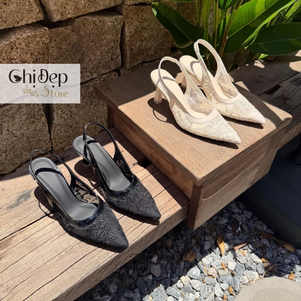 Giày cao gót 7p ren lưới thêu hoa, sandal lưới 5-7p Chị Đẹp Store mã U154