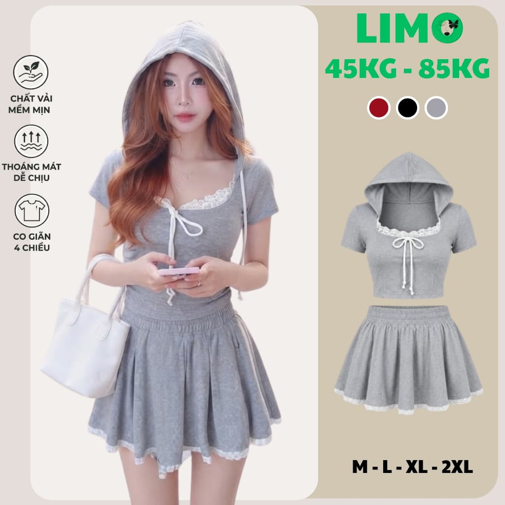 Set Đồ Nữ Bigsize Limo Áo Tay Ngắn Có Nón Phối Chân Váy Xòe Ren Form Phong Cách Hàn Quốc MS296