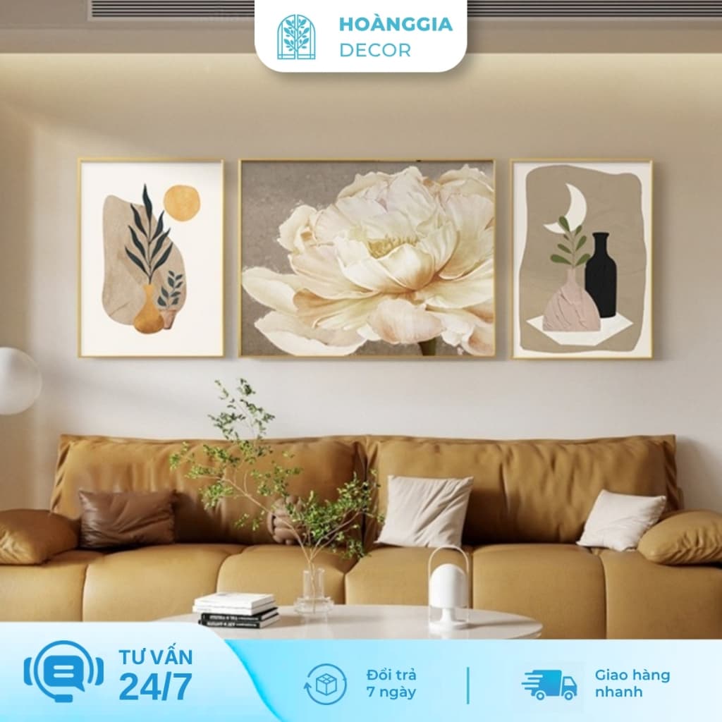 Bộ 3 Tranh Tráng Gương Bông Hoa Nghệ Thuật In UV5D Treo Tường Phòng Khách Đẹp - Hoàng Gia Decor