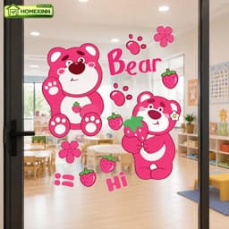 Decal Dán Kính Gấu Hồng Lotso Đáng Yêu HX463 - Decal Trang Trí Lớp Học Mầm Non, Phòng Em Bé, Học Sinh 1