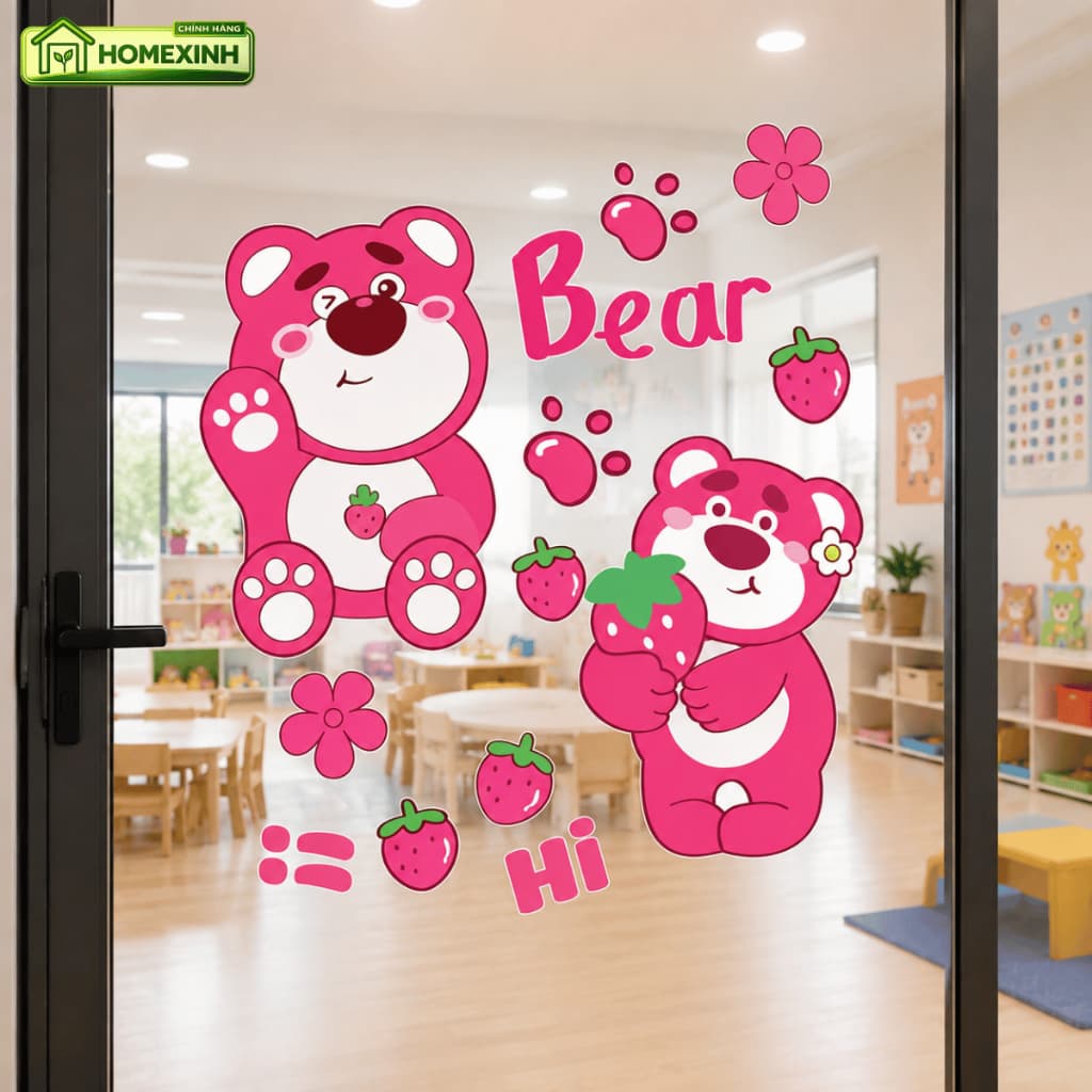 Decal Dán Kính Gấu Hồng Lotso Đáng Yêu HX463 - Decal Trang Trí Lớp Học Mầm Non, Phòng Em Bé, Học Sinh