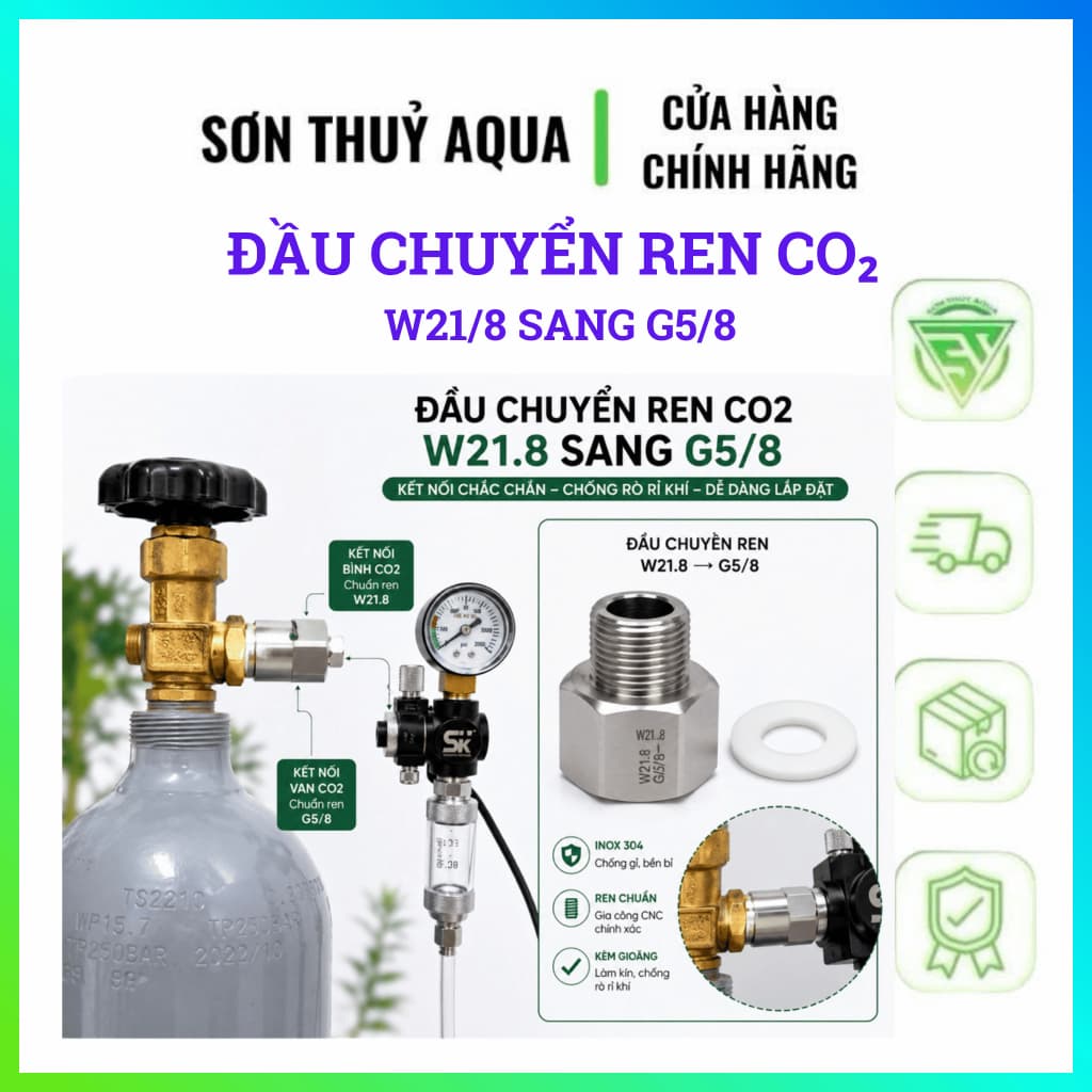 Đầu Chuyển Ren CO₂ W21.8 Sang G5/8 Inox 304 CNC Kèm Gioăng – Chuyển Đổi Ren Bình CO₂ Chuẩn