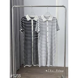 <Đầm Bầu Quynhanhhouse> (Qc) #5233 Váy polo kẻ khuy dọc Free sz ghi/đen Bầu bí bao đẹp 8