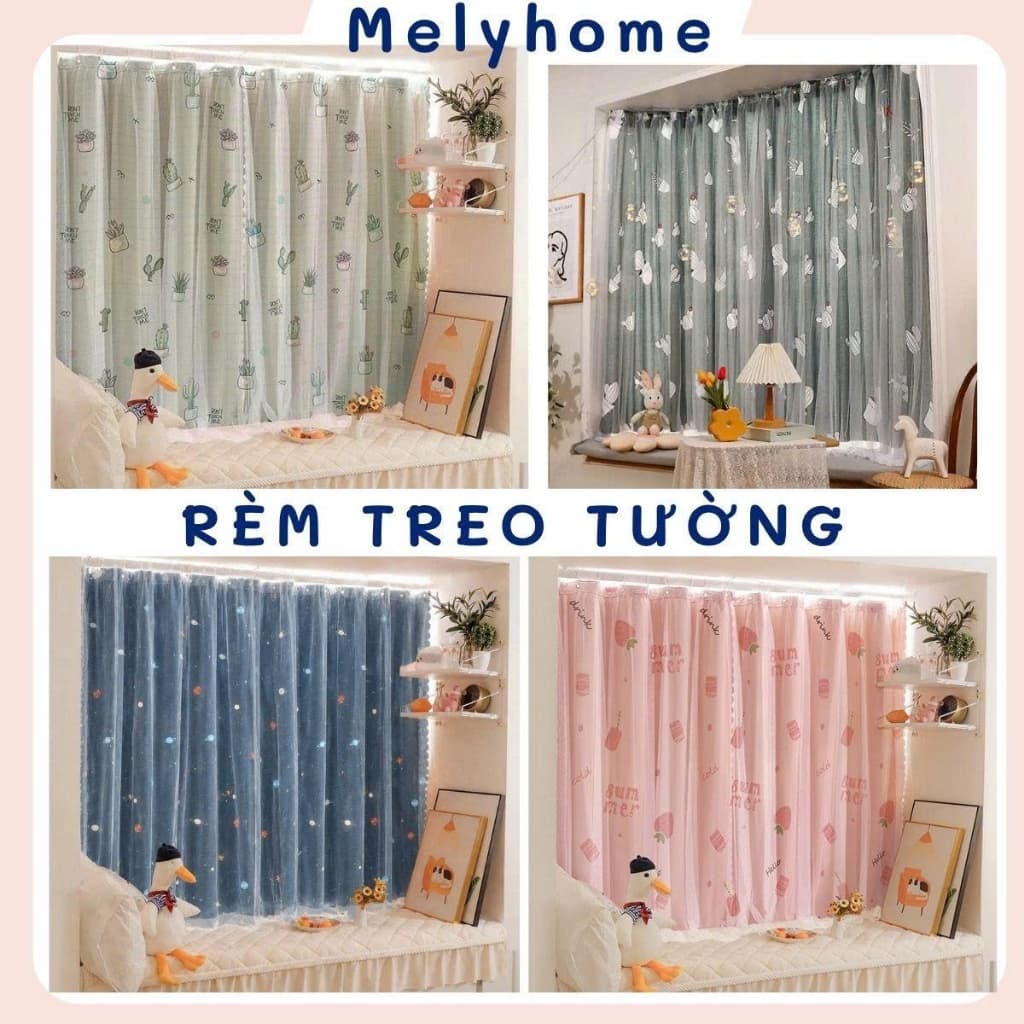 Rèm cửa  dán tường + treo tường decor 2in1 không cần khoan đục Tặng kèm miếng dán phụ kiện treo rèm