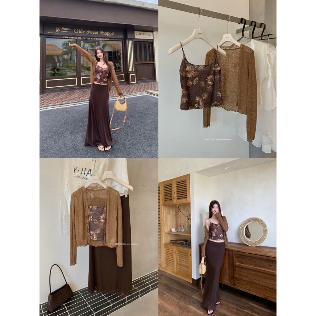𝐩𝐡𝐢𝐞𝐧 𝐘𝐉𝐈𝐀 | 2372 Set Áo 2 Dây Ren Kèm Khoác Mix Chân Váy Dài