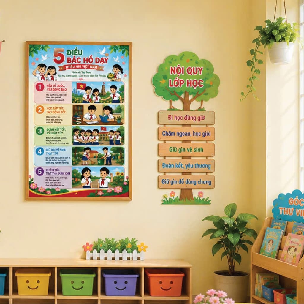 Tranh 5 Điều Bác Hồ dạy Thiếu niên Nhi đồng trang trí lớp học và bàn học cho bé